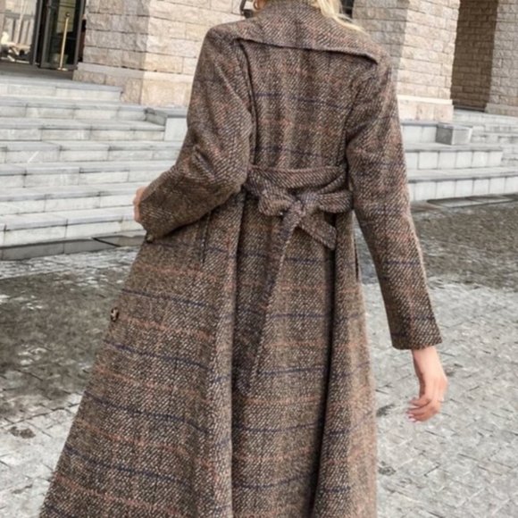 Tweed plaid brown casual trench coat jacket - Picture 6 of 6